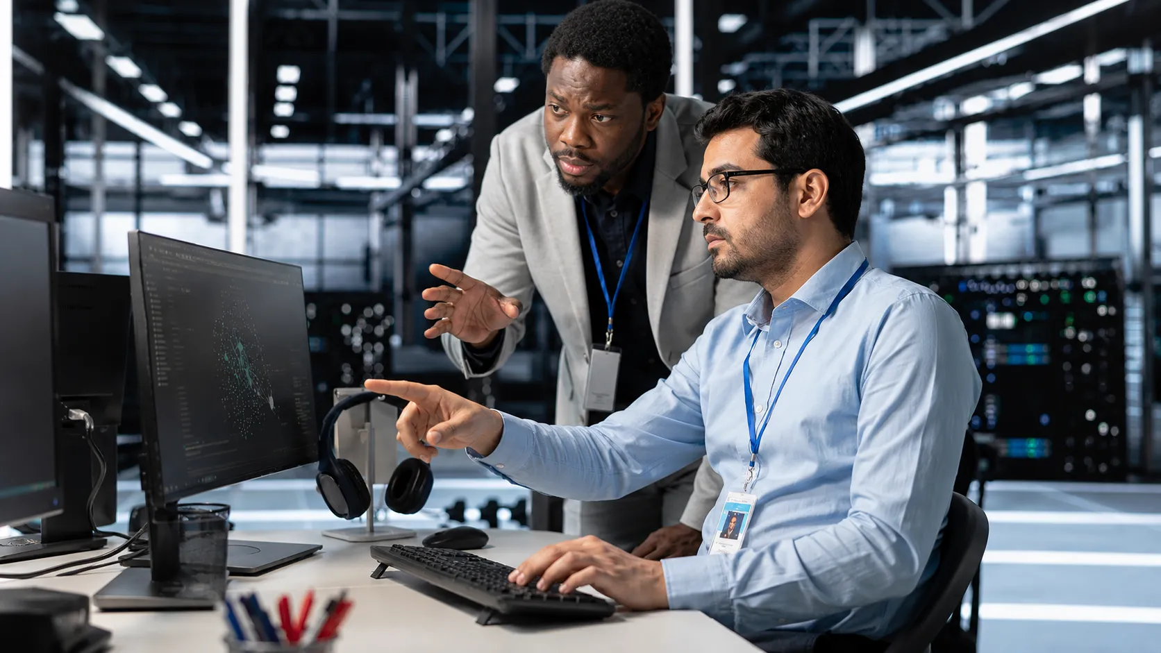 Two engineers collaborating at a workstation in a data center, one seated and pointing at code on screen while a colleague leans in to discuss.
