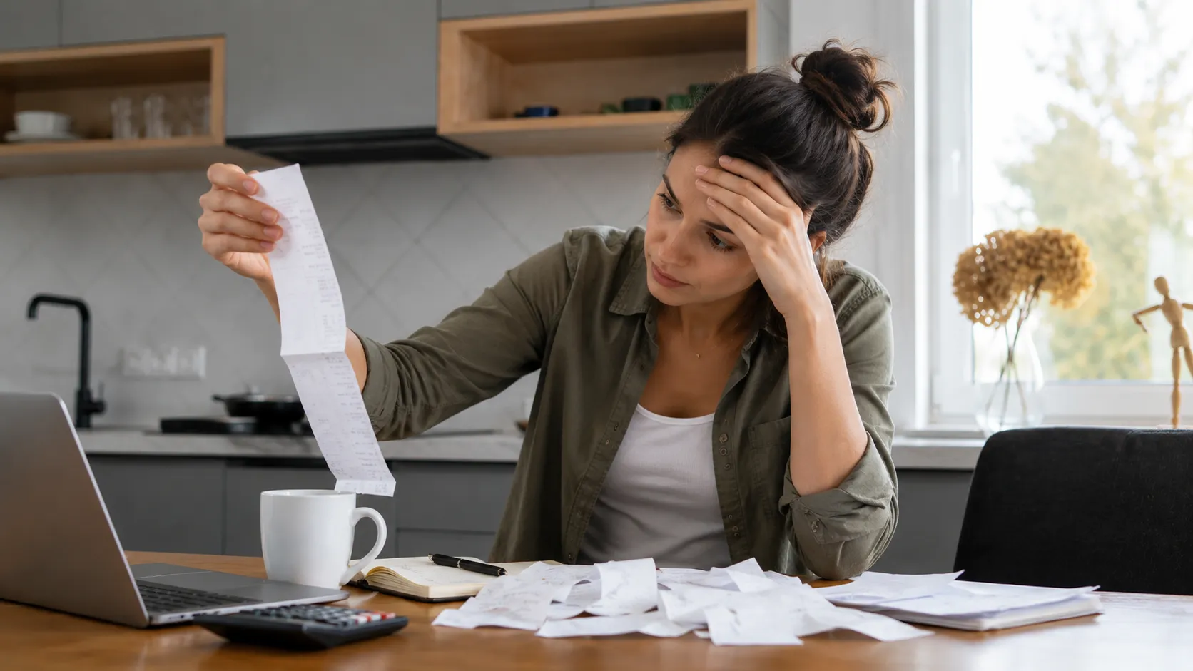 A woman at a kitchen table frowning at a long receipt, a laptop, calculator, and scattered bills in front of her.