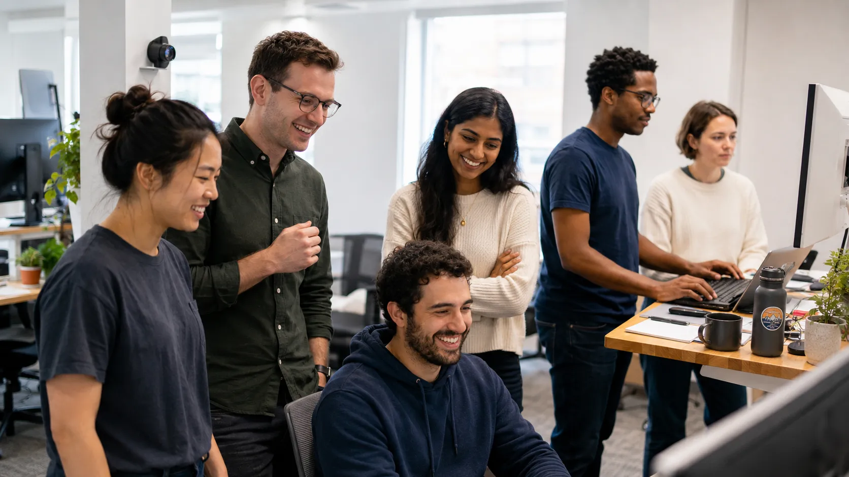 A smiling team gathered around a colleague's screen in a bright open-plan office.