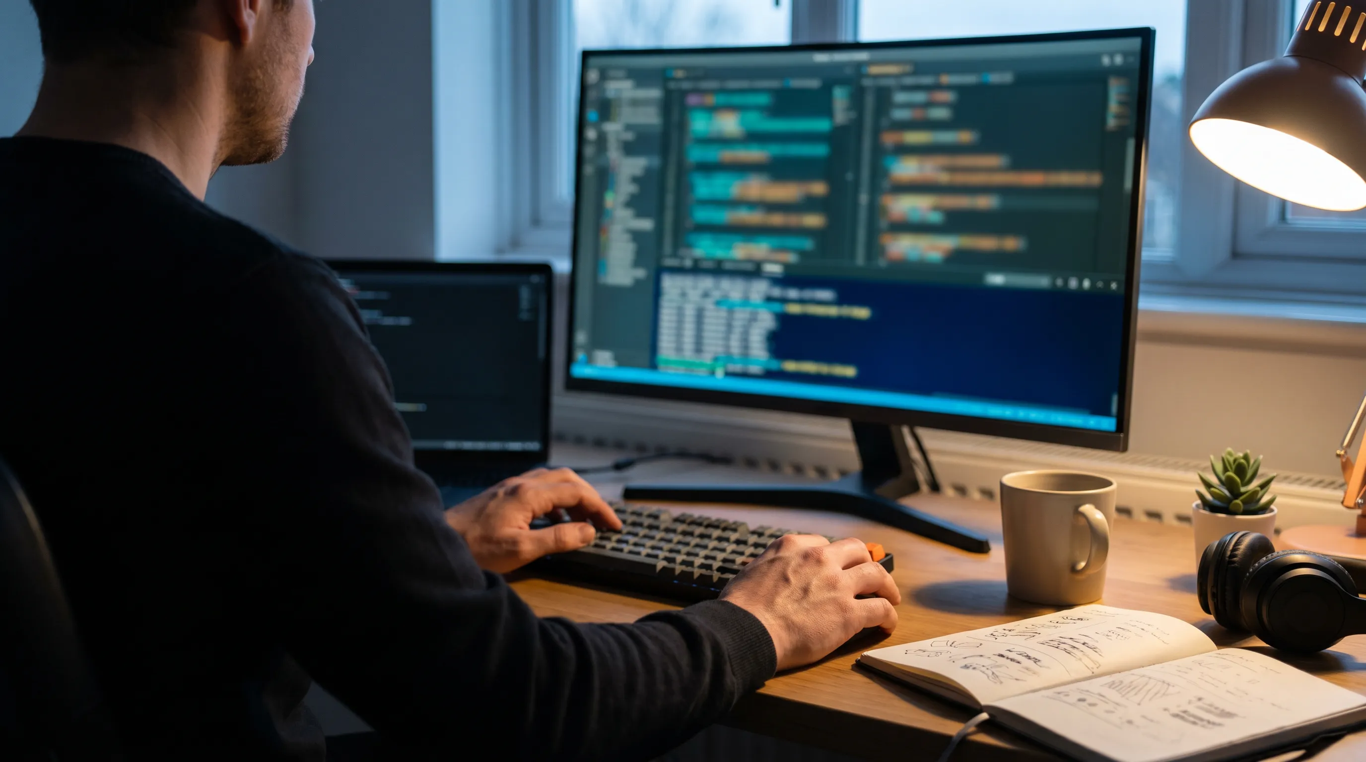 Over-the-shoulder editorial photograph of a software engineer programming at a desk in warm desk-lamp light, hands on a low-profile mechanical keyboard in front of an external monitor with a code editor open, a sketchbook, coffee mug, succulent, and headphones on the wooden desk.