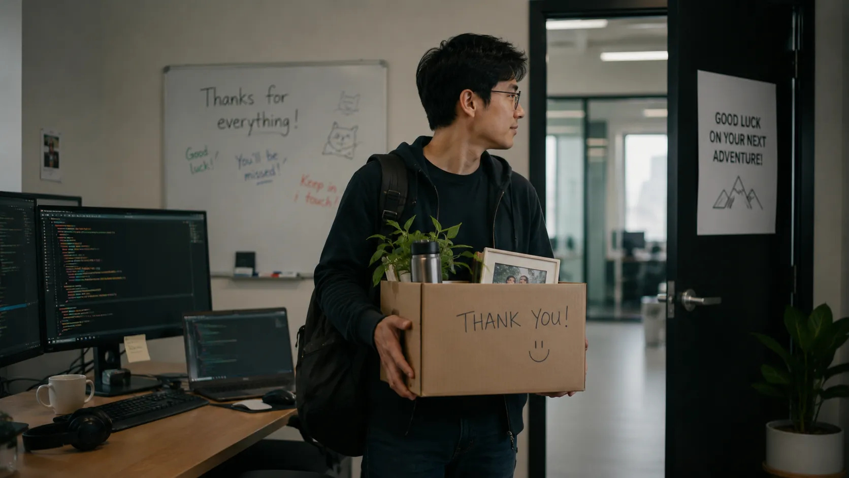 A software engineer leaving an office, carrying a cardboard box marked 'Thank You!' holding a plant, water bottle, and framed photo, past a whiteboard reading 'Thanks for everything' and a door sign reading 'Good luck on your next adventure', with a desk of code-filled monitors behind.
