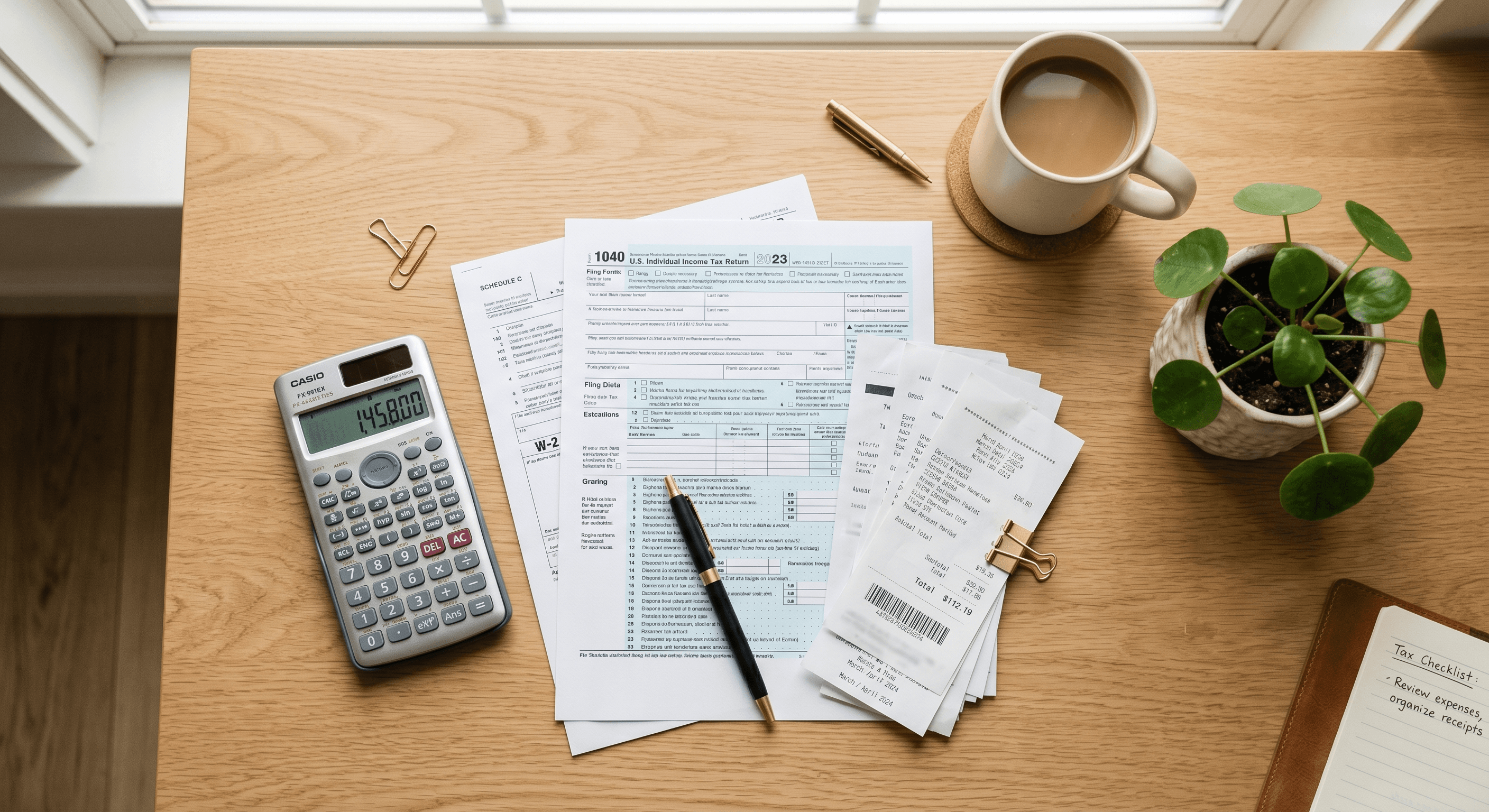 Tax forms, calculator, receipts, and coffee laid out on a wood desk